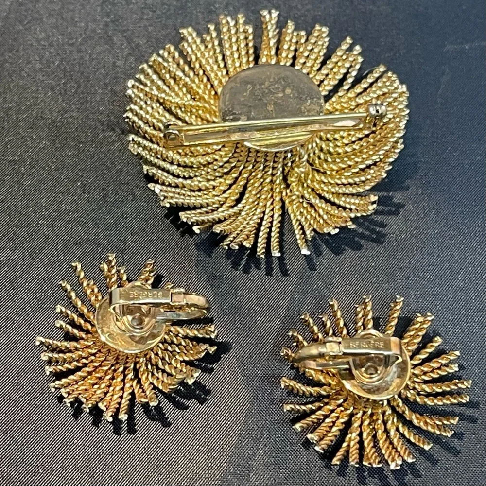 Vintage 60s Bergère MCM Tassel Sun Star Burst Brooch Clip Earrings Parure Set